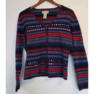 VTG St Johns Bay Sweater Womens M Cardigan Wool Blend Fall Nordic Fair Isle
